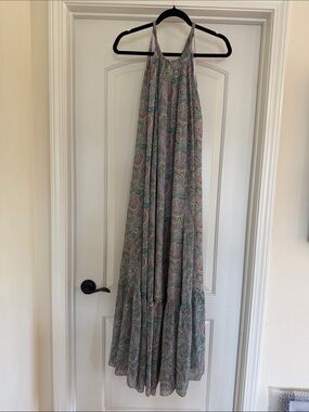 AllSaints Paisley Halter Maxi Dress in Sage and Pink